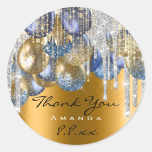 Sticker Rond Merci Mariage Anniversaire Ballons Bleus Drives Or