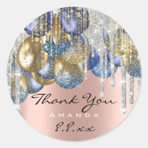 Sticker Rond Merci Mariage Anniversaire Ballons Blue Silver Ros