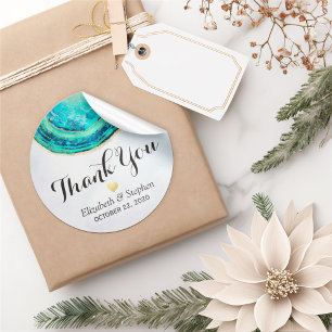 Sticker Rond Merci mariage Aquarelle Turquoise Gold Agate Géode