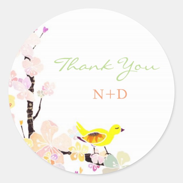 Sticker Rond Merci Mariage  aux oiseaux de printemps (Devant)