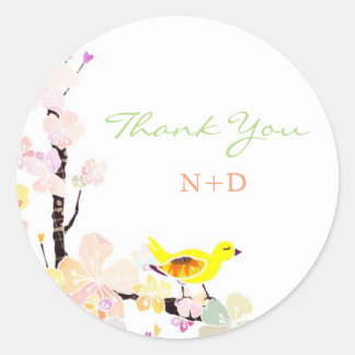Sticker Rond Merci Mariage  aux oiseaux de printemps