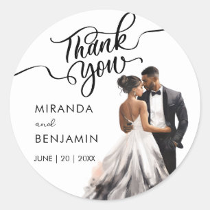 Sticker Rond Merci Mariage Black Bride Groom Aquarelle