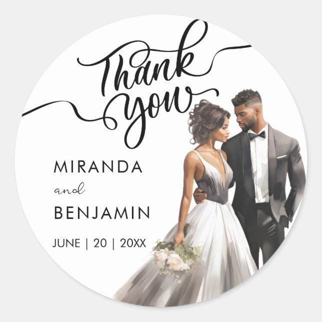 Sticker Rond Merci Mariage Black Bride Groom Aquarelle (Devant)