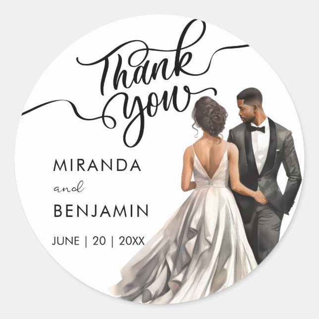 Sticker Rond Merci Mariage Black Bride Groom Aquarelle (Devant)