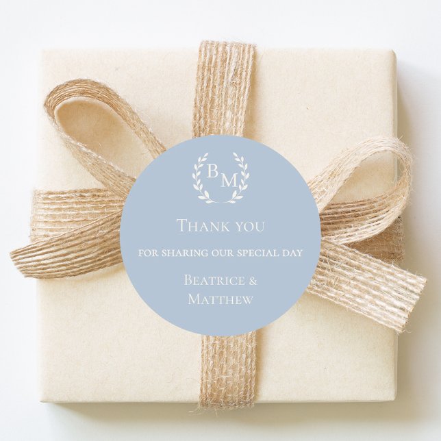 Sticker Rond Merci mariage bleu poussiéreux monogrammé (Créateur téléchargé)