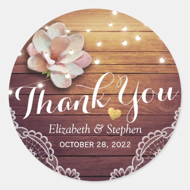 Sticker Rond Merci mariage Bois rustique Lumières à cordes flor (Devant)