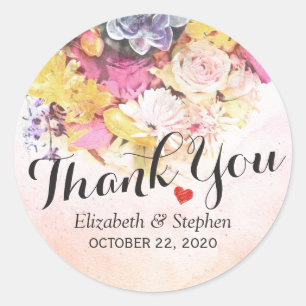 Sticker Rond Merci Mariage Chic couleur aquarelle Fleurs