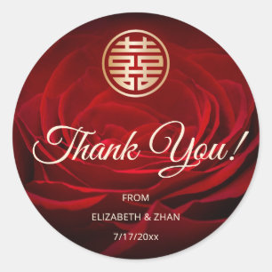 Sticker Rond Merci Mariage chinois de Rose rouge