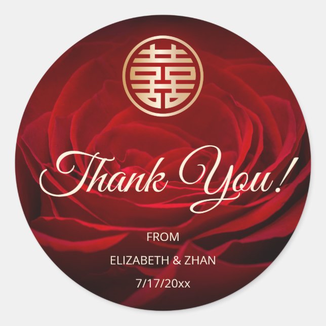 Sticker Rond Merci Mariage chinois de Rose rouge (Devant)