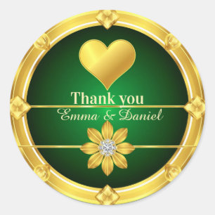 Sticker Rond Merci Mariage Cœur Doré Sur Vert 