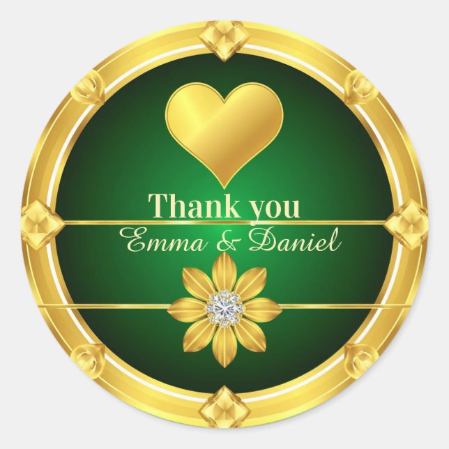 Sticker Rond Merci Mariage Cœur Doré Sur Vert  (Devant)