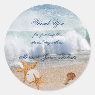Sticker Rond Merci, Mariage, Coquillages, Étoiles de mer, Perso
