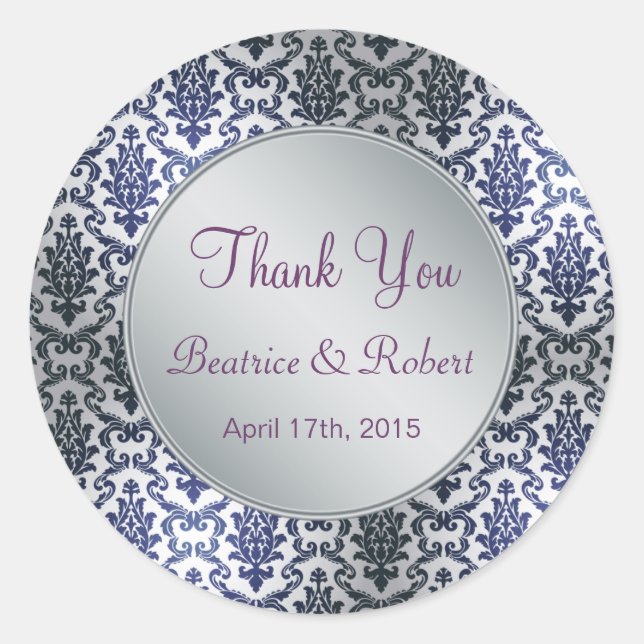 Sticker Rond Merci mariage damask bleu foncé et argent (Devant)