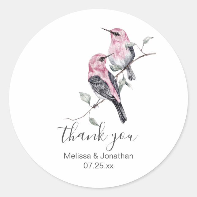 Sticker Rond Merci Mariage de colibri rose et gris (Devant)
