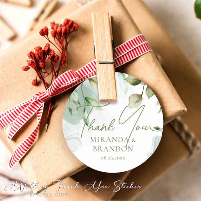 Sticker Rond Merci Mariage de feuillage de feuillage vert Sage (Créateur téléchargé)