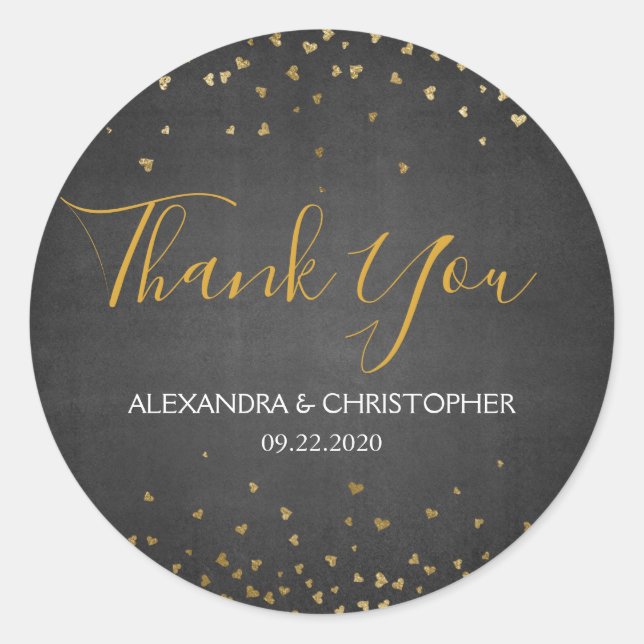 Sticker Rond Merci Mariage de la Confetti en or noir (Devant)