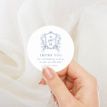 Sticker Rond Merci Mariage de la crête Vintage royale bleu<br><div class="desc">Ce beau design fait partie d'une belle collection ! Doté d'un cadre vintage délicat et d'un texte élégant.</div>
