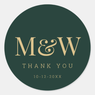 Sticker Rond Merci Mariage de Monogramme d'or vert moderne