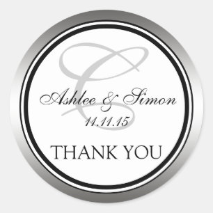 Sticker Rond Merci Mariage de Monogramme noir argent