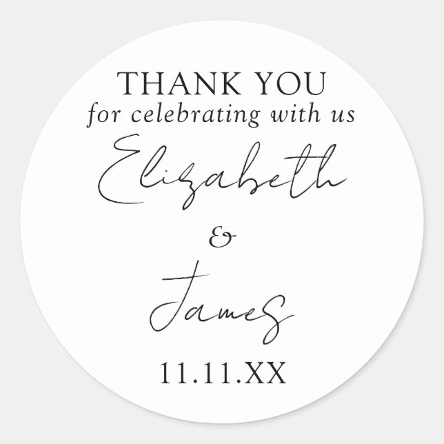 Sticker Rond Merci Mariage de script noir et blanc élégant (Devant)