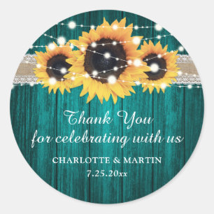 Sticker Rond Merci Mariage de tournesol en bois Turquoise rusti