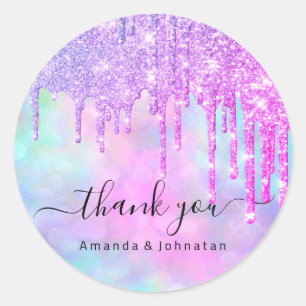 Sticker Rond Merci Mariage Doux 16ème Paillettes Holographique 