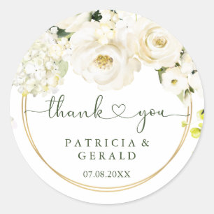 Sticker Rond Merci Mariage du coeur des Roses blanches