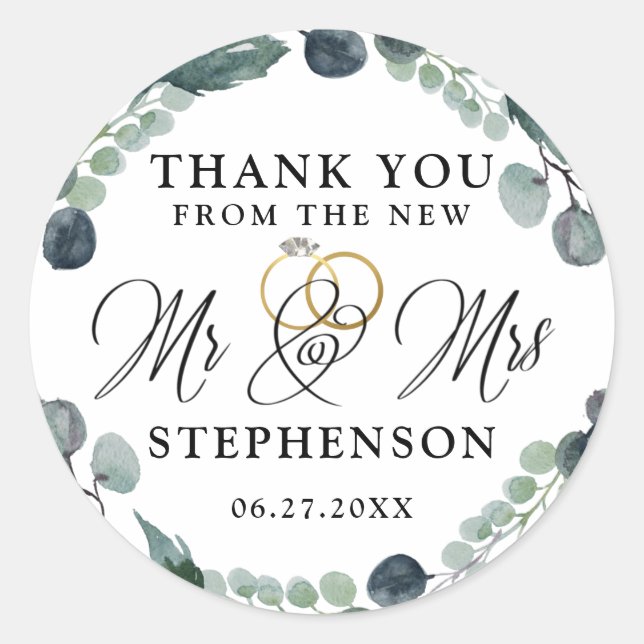 Sticker Rond Merci Mariage Dusty Blue Eucalyptus (Devant)