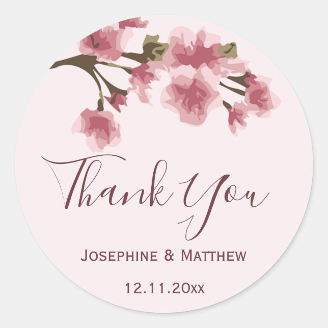 Sticker Rond Merci Mariage en fleurs de cerisier rose (Devant)
