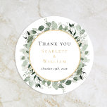 Sticker Rond Merci Mariage Eucalyptus Green Sage Or<br><div class="desc">Cet eucalyptus vert mariage à la sauge or merci classique collant rond est un ensemble rêveur qui incarne l'essence du charme vintage et de l'élégance moderne. Avec des motifs artisanaux ornés de verdure d'eucalyptus, et des fleurs roses poussiéreuses accentuées de bordures géométriques dorées et de typographie contre un arrière -...</div>