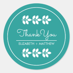 Sticker Rond Merci Mariage Feuille blanc Turquoise