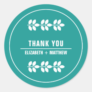 Sticker Rond Merci Mariage Feuille blanc Turquoise