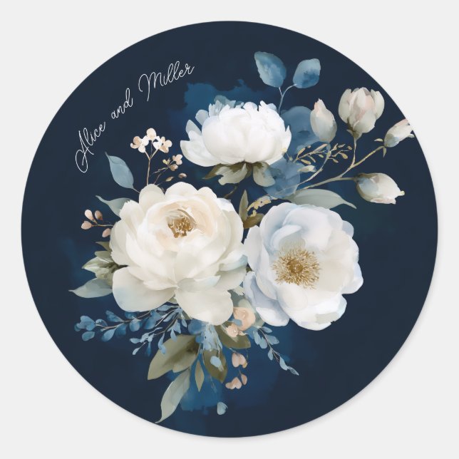 Sticker Rond Merci Mariage floral bleu et blanc (Devant)