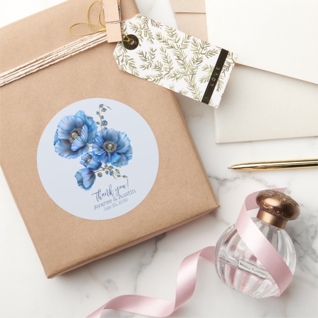 Sticker Rond Merci Mariage floral de pavot bleu (Cadeaux)