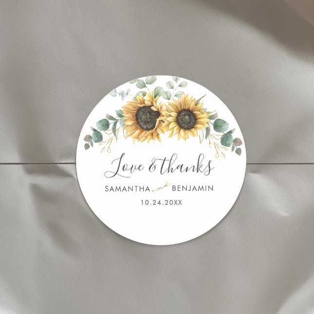 Sticker Rond Merci Mariage floral de tournesol Eucalyptus (Floral Sunflower Eucalyptus Elegant Script Wedding Envelope Seals Round Sticker)