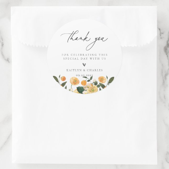 Sticker Rond Merci Mariage Floral Orange Citrus (Sac)