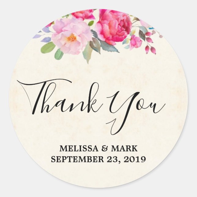 Sticker Rond Merci Mariage frontalier rose rose et pivoine  (Devant)