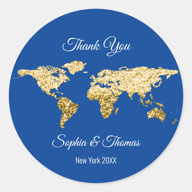 Sticker Rond Merci Mariage Golden World Destination Carte Bleu (Devant)
