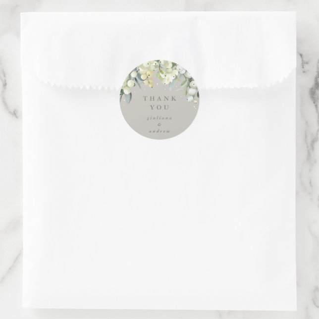 Sticker Rond Merci Mariage Greige Snowberry+Eucalyptus (Sac)