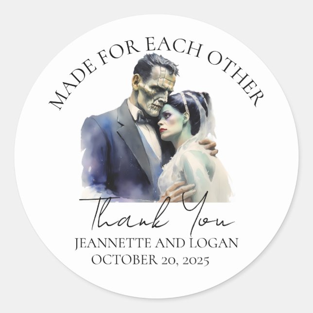 Sticker Rond Merci Mariage Halloween Bride Frankenstein (Devant)