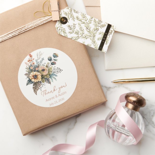 Sticker Rond Merci Mariage jaune et Pêche (Cadeaux)