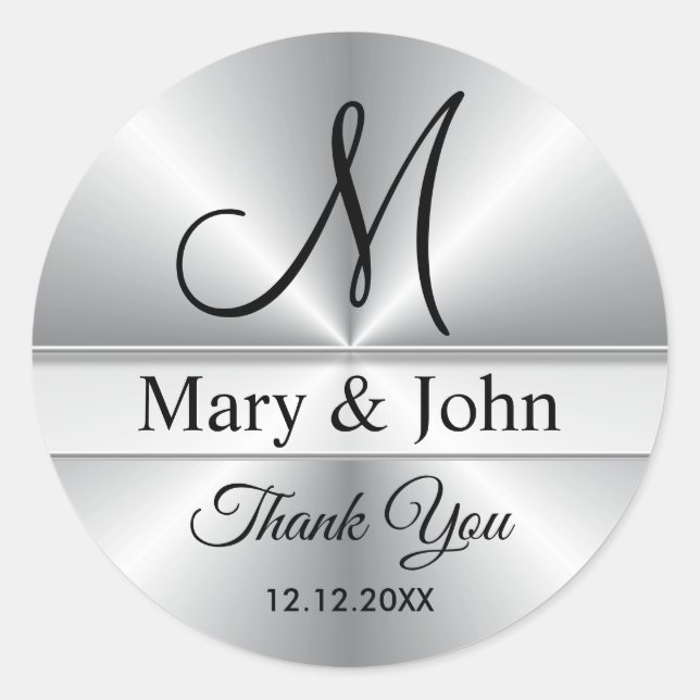 Sticker Rond Merci Mariage Monogramme Argent (Devant)