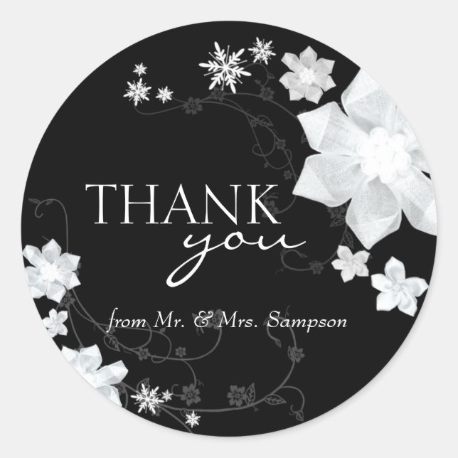 Sticker Rond Merci Mariage noir blanc hiver Floral (Devant)