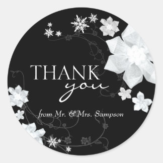 Sticker Rond Merci Mariage noir blanc hiver Floral