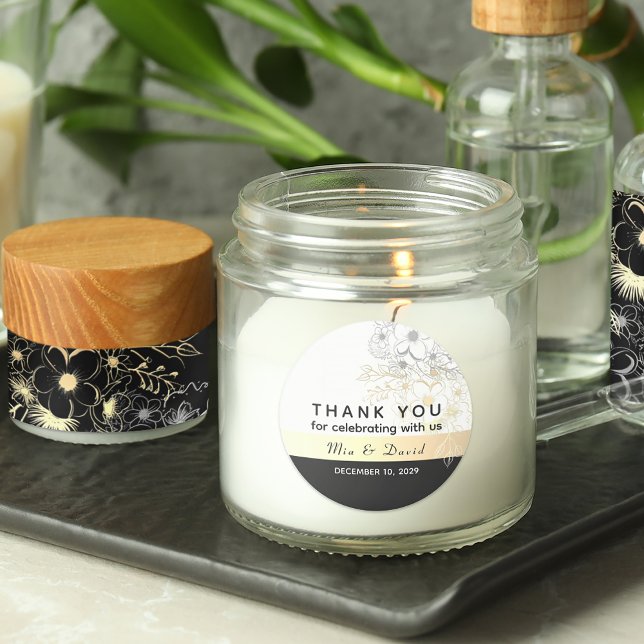 Sticker Rond Merci Mariage noir et blanc en or rustique (Créateur téléchargé)