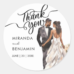Sticker Rond Merci Mariage Noir Mariée Marié Aquarelle