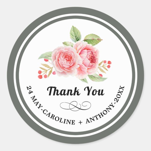 Sticker Rond Merci. Mariage Rose aquarelle (Devant)