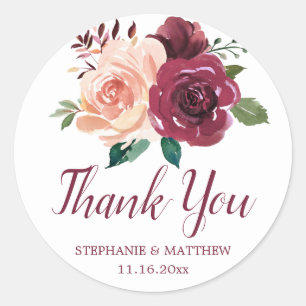Sticker Rond Merci Mariage Rose de Bourgogne rose