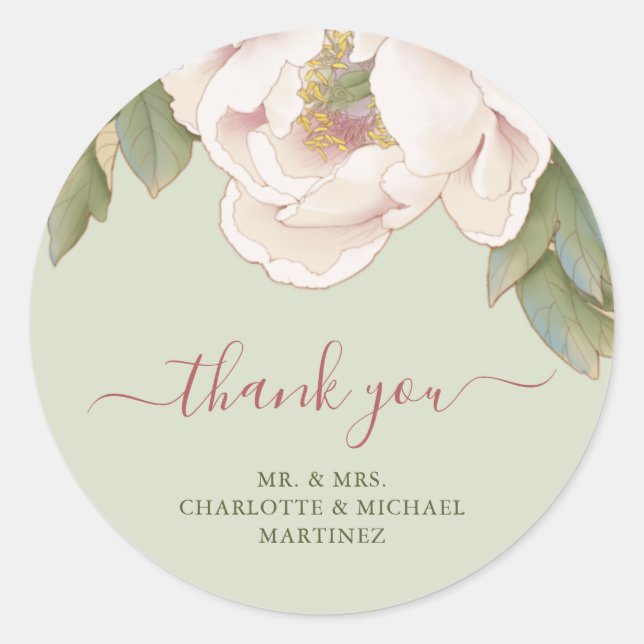Sticker Rond Merci Mariage Rose de Sage et Blush Peony (Devant)