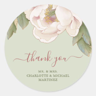 Sticker Rond Merci Mariage Rose de Sage et Blush Peony